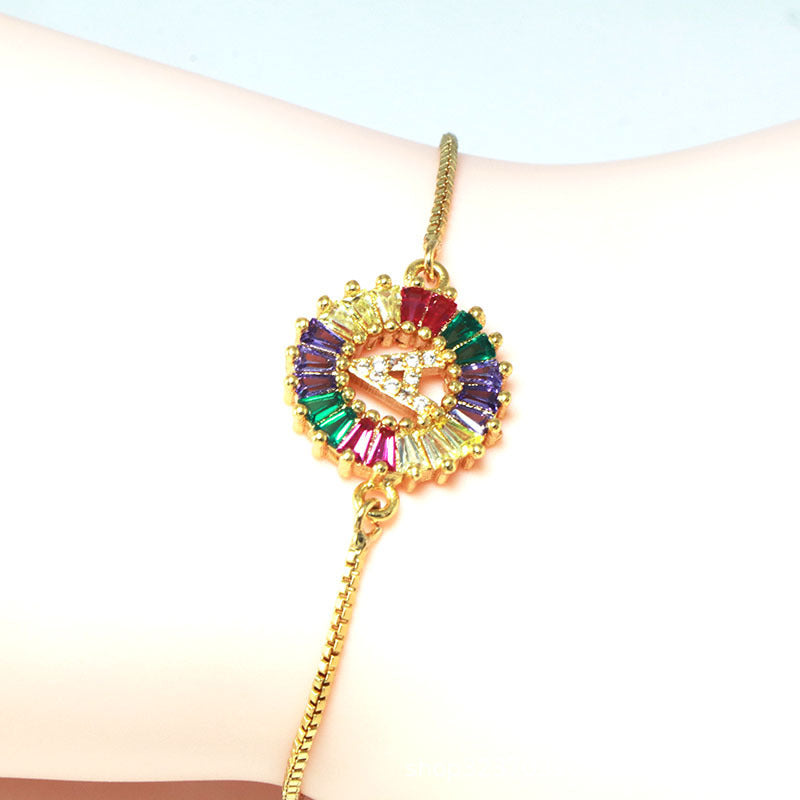 26 Colorful English Letter Bracelet Round Zircon Pendants For Women Simple Rhinestone