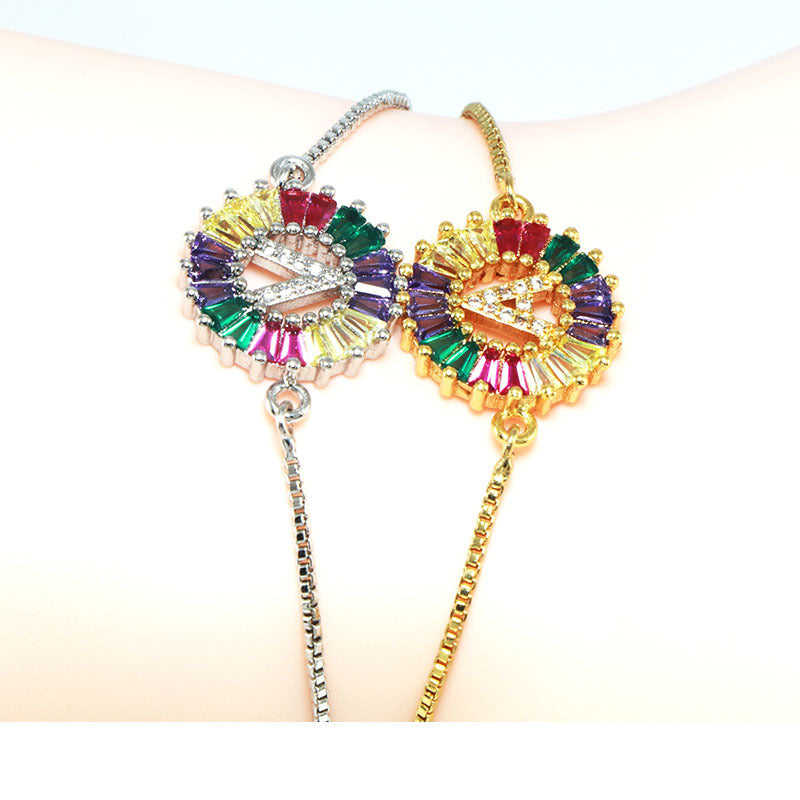 26 Colorful English Letter Bracelet Round Zircon Pendants For Women Simple Rhinestone
