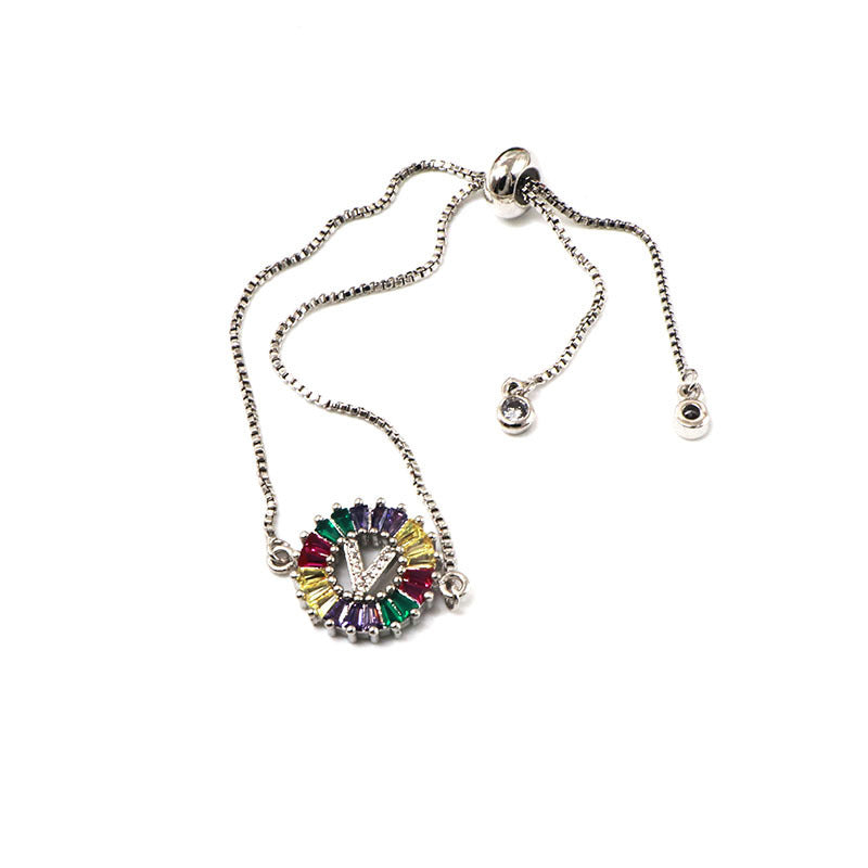 26 Colorful English Letter Bracelet Round Zircon Pendants For Women Simple Rhinestone