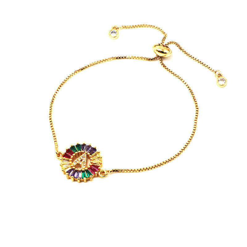 26 Colorful English Letter Bracelet Round Zircon Pendants For Women Simple Rhinestone